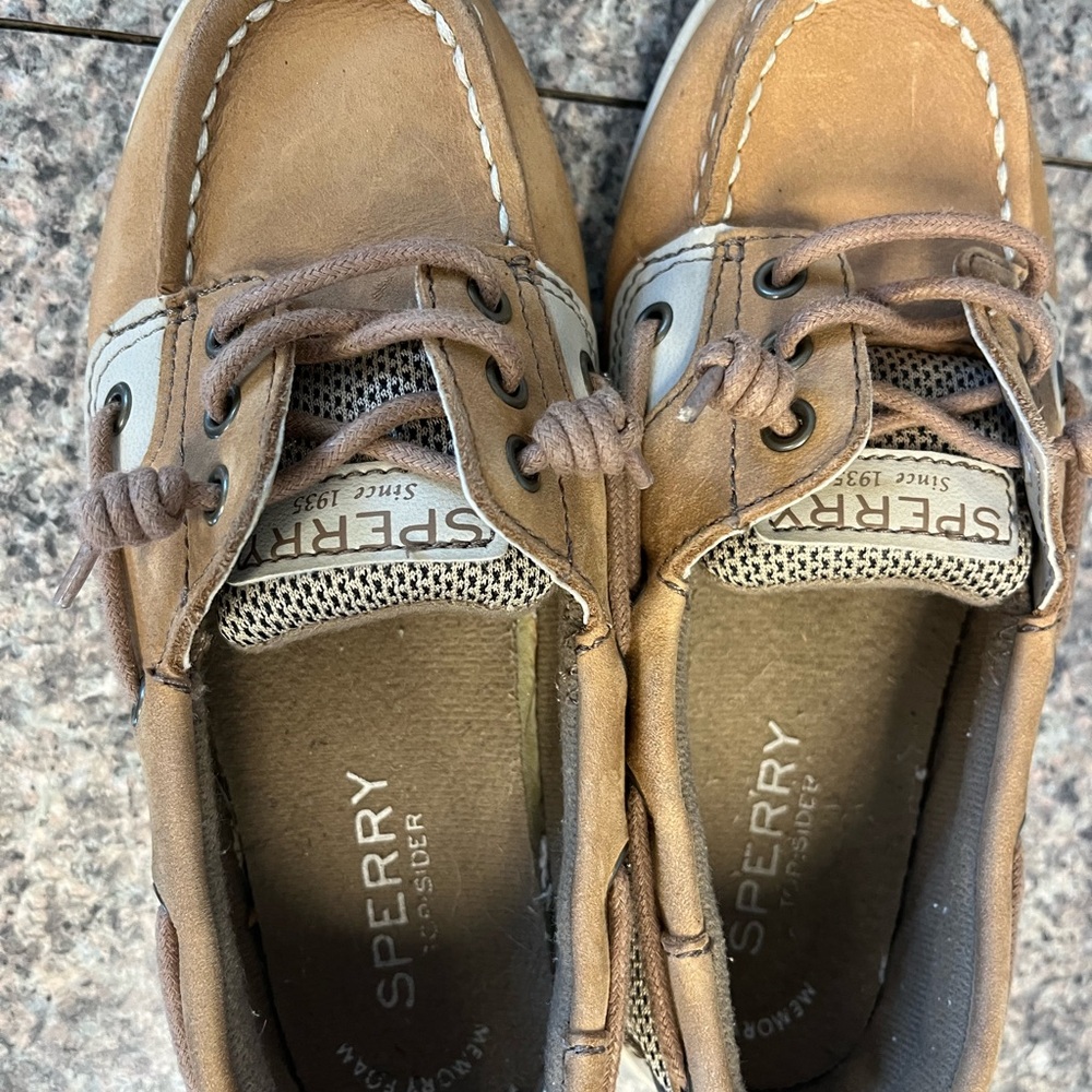 Sperry Shoresider Jr Boat Shoes Kids Tan Leather Memory Foam Size 13M - Picture 2 of 6